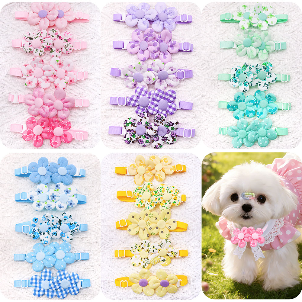 Pet Supplies Co - โบว์ผูกคอรูปดอกไม้ 10 ชิ้น สำหรับสุนัขและแมว ปรับขนาดได้ สีสันสดใส
