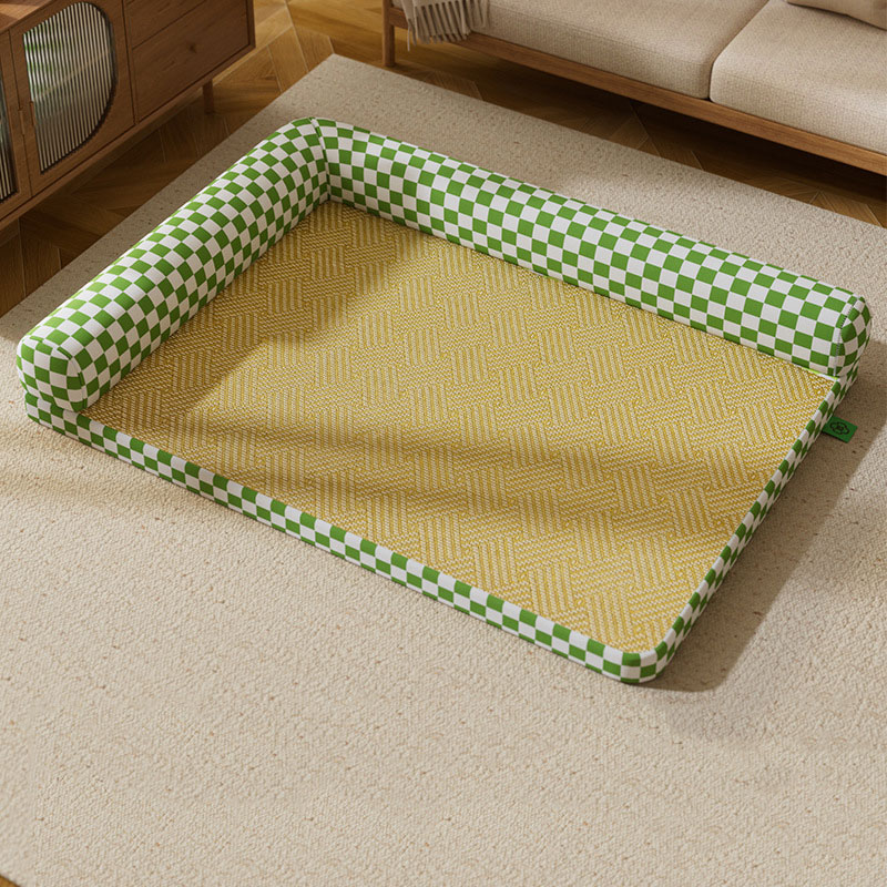 Dog Cooling Mat - แผ่นรองนอนเย็นสำหรับสัตว์เลี้ยงรูปตัว L สำหรับฤดูร้อน พร้อมที่วางแขนแบบกริด ถอดออกได้ ใช้เป็นที่นอนแมวได้